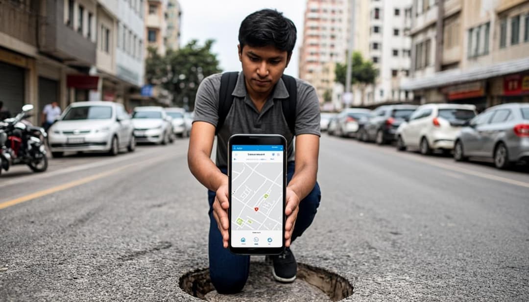 Person using smartphone to report a civic issue